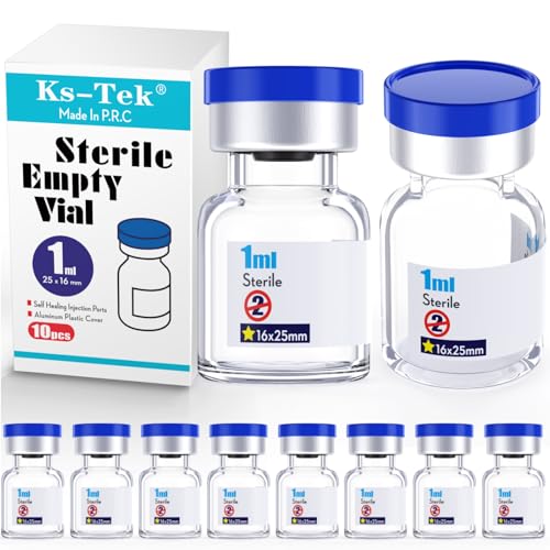 Ks-Tek Sterile Empty Vials with Self Healing Injection Port,with Aluminum plastic Cap,Sterile Package (1ml Clear,10) - size: 1ml Clear