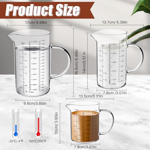 3 Pack Glass Measuring Cups,1-Cup,2-Cup,4-Cup Measuring Jugs with Handle &V Shaped Spout,3 Scales(Oz,Cup,Ml) High Borosilicate Glass Measuring Cup for Liquid Kitchen-Microwave Freezer Safe