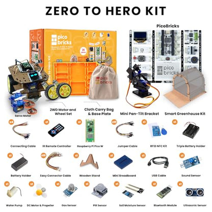 PicoBricks Raspberry Pi Pico W Starter Kit - 26 Pieces DIY Project Kit with 3 Learning Book and 25 Project Videos - size: Zero to Hero Kit