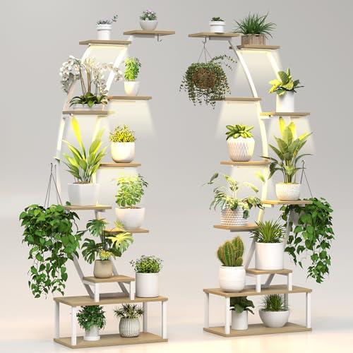 Plant Stand Indoor with 8 Grow Light,65" Tall 10 Tier White Half Moon Shelf - color: Light Brown Board White Metal 10 Tier 2 Pack