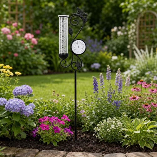 36.5in Butterfly Rain Gauge Thermometer Black Metal Garden Stake Decor - color: Black Butterfly