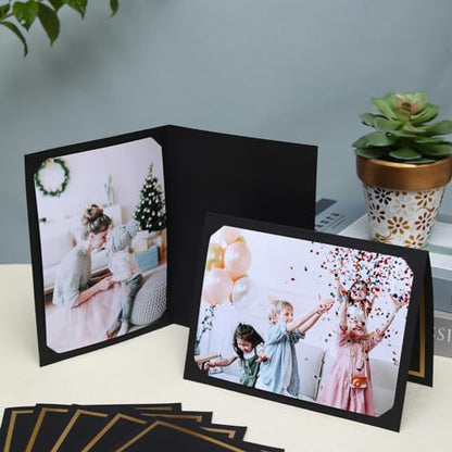 50 Count Photo Folders for 4x6 or 5x7 Pictures,Paper Picture Frames,Cardboard Greeting Photo Frame Cards for Graduation Wedding Birthday Classroom DIY (Black with Gold Trim) - style: 50CT - Black