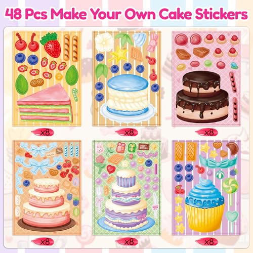 LINAYE 48 Sheets Birthday Stickers for Kids Toddlers, Make Your Own Cake Stickers, Happy Birthday Party Activities Favors Goodie Bag Filler for Kids Classroom - style: Cake 48 Sheets