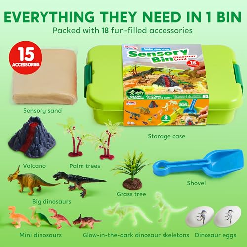JOVA Klever Kits Dinosaurs Sensory Bin Toys for Kids with Glow in The Dark Dinosaurs, Sandbox with Lid Sand, Preschool Learning Activities Gifts for Boys Girls Age 3+ - style: Dinosaur