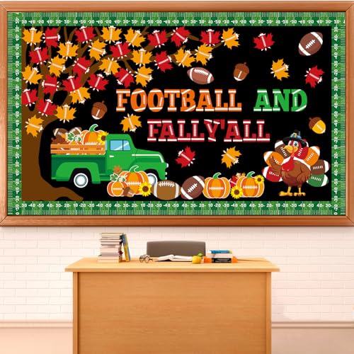 Fall Thanksgiving Football Bulletin Board Set Sports Classroom Decorations Autumn Maple Leaves Pumpkin Paper Cutouts Football Bulletin Board Border for Chalkboard Classroom Door Wall Sport Supplies - style: Fall Football