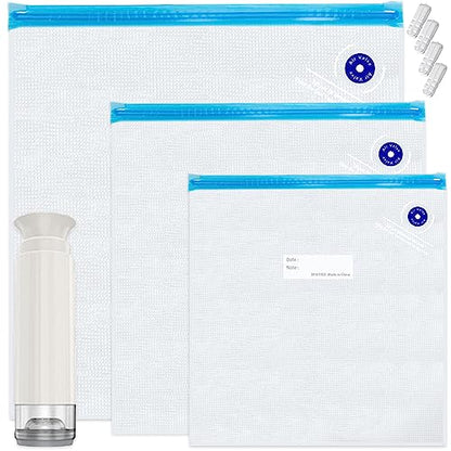 Sous Vide Bags,20pcs Reusable Vacuum Sealer Bags Kit,15 Mixed Sizes BPA Free Zipper Bags for Food,4 Sealing Clips,1 Hand Pump for Food Storage and Sous Vide Cooking - size: mixed size bags with hand pump