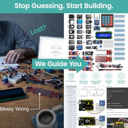 KEYESTUDIO 37 in 1 Sensor Kit for Arduino with Tutorial,Sensors Modules Compatible for Arduino and Raspberry Pi Programming,Active Buzzer/5V Relay/Temperature and Humidity Module etc.