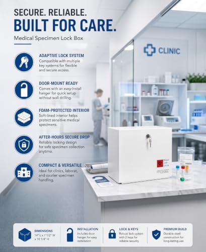Medical Specimen Box with Lock, Medium 14 x 7.5 x 10.25in, Durable Collection Box, Secure Handling & Storage, White Heavy-Duty Metal Drop Box for Medical Lab, Office - size: Medium