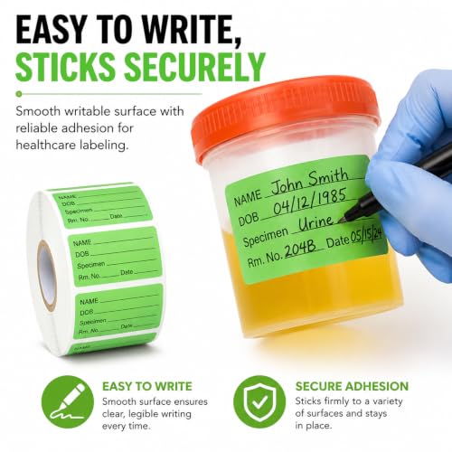 1000 PCS Specimen Collection Label 2"x1" Self Adhesive Vinyl Green - color: Green, Black