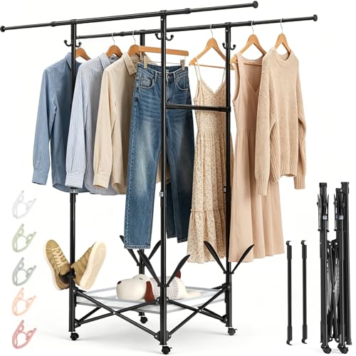 Portable Foldable Clothes Drying Rack - Adjustable Double Extendable Rods (33.1” to 56.7”) -Portable Coat Rack for Travel, Camping, Drying, RV, Indoor, Outdoor, Easy Assemble (Black) - color: Black