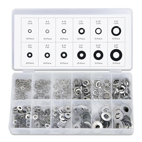 NEIKO 50400A Stainless Steel Lock and Flat Washer Assortment | 350 Piece Set | 12 Different Sizes in Spring Lock and Flat Design | Prevent Loose Fasteners - style: Washer