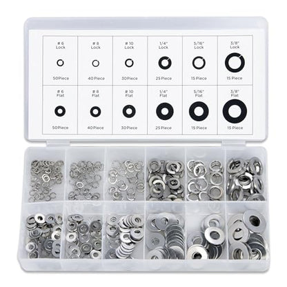 NEIKO 50400A Stainless Steel Lock and Flat Washer Assortment | 350 Piece Set | 12 Different Sizes in Spring Lock and Flat Design | Prevent Loose Fasteners - style: Washer