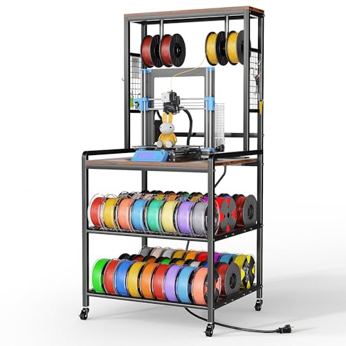 kepptory 3D Printer Stand with Power Outlet, Rolling Storage Cart w/Filament Spool Holder, Lockable Wheels Heavy Duty Rack for Ender 3 Ender 5 CR10 Desktop 3D Printers, Natural - color: Brown