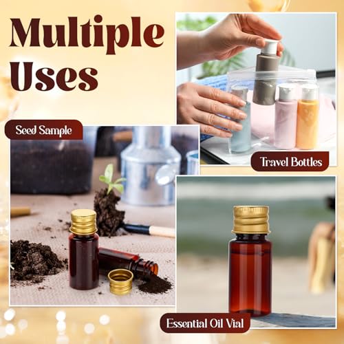 200 Pcs 10ml Mini Plastic Bottles Vials Tiny Jar with Aluminum Screw Lid Cap Clear Plastic Sample Container with Sealed Top Metal Lid for Cosmetic Essential Oil Specimen (Gold and Amber) - color: Gold and Amber