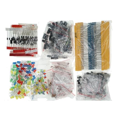 7 Kinds Electronic Component Kit Total 1200 Pcs,3MM LED Diodes,5MM LED Diodes,Metal Film Resistors, Electrolytic Capacitor Package, Common Diodes, Ceramic Capacitors, Common Transistor Assortment Box