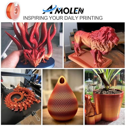 AMOLEN Silk PLA Gradient 3D Printing Filament, 1KG Spool 1.75mm Silk Shiny Red Gold Gradient Printer Filament 2.2lb Brighter New Version, Compatible with 3D Printer and 3D Pen - color: Silk Gradient Red Gold (Brighter Version)