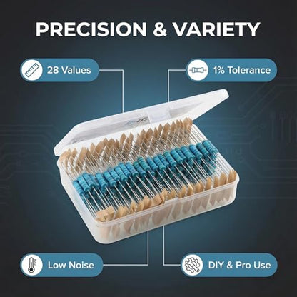 140Pcs 28 Values Metal Film Resistor Kit 0.1 Ohm - 1M Ohm with 1% 2W Resistors Assortment