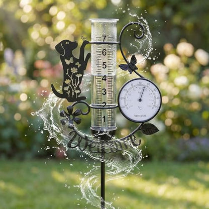 37.8" Rain Gauge Outdoor with Thermometer, Cute Dog Garden Rain Gauges - color: Black - Dog