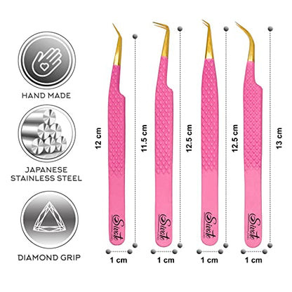 Fiber Tip Lash Tweezers Set of 4, Pink, Diamond Grip, Japanese Steel - color: Pink