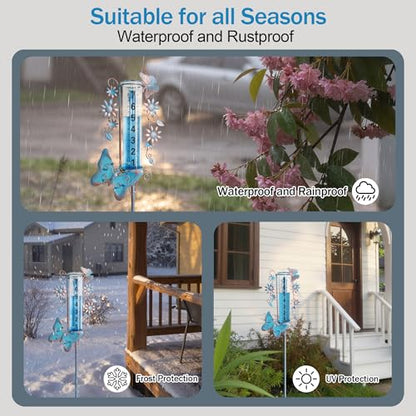 Freeze Proof Rain Gauge Outdoors Best Rated, Accurate & Easy to Read - color: Blue Copper Butterfly