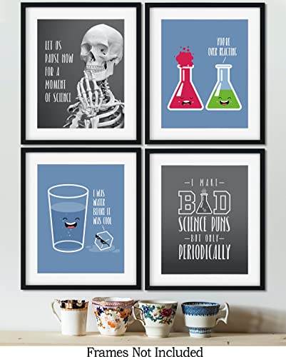 Govivo Science Pun Room Decor - Set of 4 Classroom Supplies - Nerdy Wall Art for Lab - Great Funny Gift For Science and Chemistry Lovers, Teachers and Students - 8x10 unframed print - size: 8" x 10"