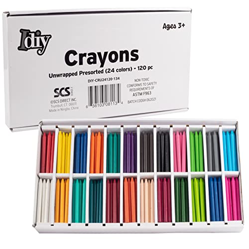 IDIY Unwrapped Bulk Wax Crayons 120 Count - 24 Assorted Colors (5 Each) Paperless & Pre-Sorted, Non-Toxic, ASTM Safety Tested for Kids, Teachers, Restaurants, Preschool Classroom Art Supplies - size: 1 Count (Pack of 120)