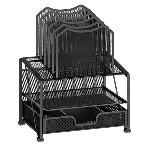 Simple Trending Mesh Desk Organizer with Sliding Drawer, Double Tray with 5 Sections File Bookshelf, Black - size: 13.25”W x 9.25”D x 15.25”H