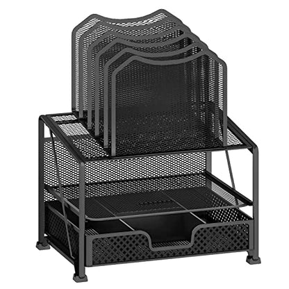 Simple Trending Mesh Desk Organizer with Sliding Drawer, Double Tray with 5 Sections File Bookshelf, Black - size: 13.25”W x 9.25”D x 15.25”H