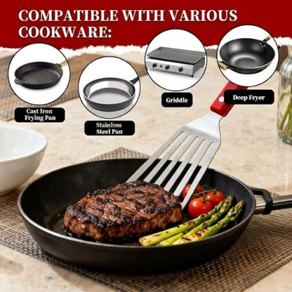 GRILLGEN Fish Spatula Stainless Steel -12.4" Metal Slotted Turner with Full Tang Red Handle, Ultra-Thin Flexible Fish Flipper for Cast Iron Skillet & Grilling, Flipping Eggs & Pancakes, Heavy Duty