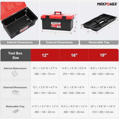 MAXPOWER 3-Pc Portable Plastic Tool Box Set 12" 16" 19", Lockable, Red - color: Red, size: 12" 16" 19"
