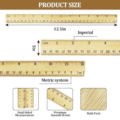 Wooden Ruler 12 Inch Bulk Dual-Sided Inches & Metric Measuring Stick for Classroom, Office, School for Teachers, Students, Artists (12 Pack) - size: 12 Pack