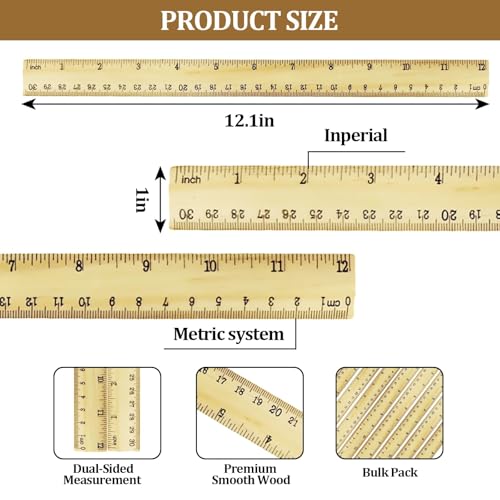 Wooden Ruler 12 Inch Bulk Dual-Sided Inches & Metric Measuring Stick for Classroom, Office, School for Teachers, Students, Artists (12 Pack) - size: 12 Pack