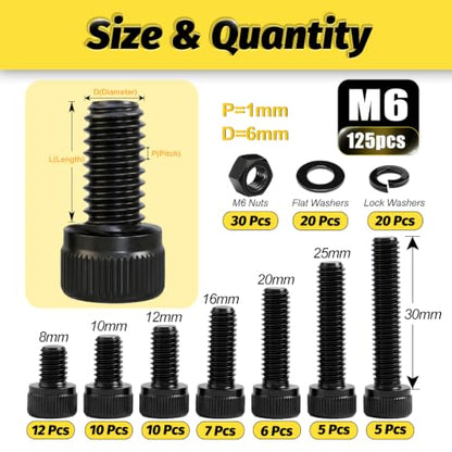 KADRICK 125PCS M6 Screws Kit,Hex Socket Head Cap Bolts Nuts Washers Kit - size: M6 125Pcs