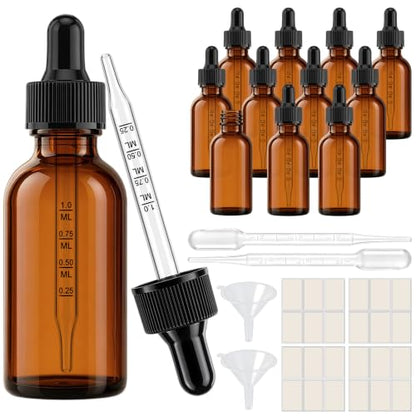 PrettyCare 12 Pack 2 oz Amber Glass Dropper Bottles with Graduated Scale, Thick Tincture Bottles for Essential Oils, Hair Oil & Perfume - Refillable Travel Containers with Silicone Tip - color: 2oz Amber with Black Cap, style: 12 Pack