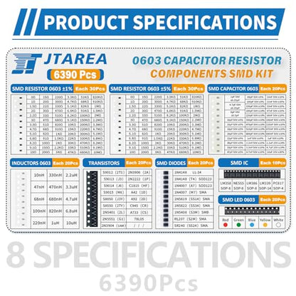 6390pcs 0603 SMD Electronic Component Kit 1% 5% Resistor Capacitor Diode Transistor IC Inductor LED Diodes SMT Electrical Components Assortment