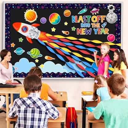 Pasimy Outer Space Bulletin Board with Crepe Paper Streamers 3D Space Themed Classroom Decor Galaxy Stars Planet Astronaut Cutouts for Back to School First Day of School Supplies Chalkboard Wall Decor