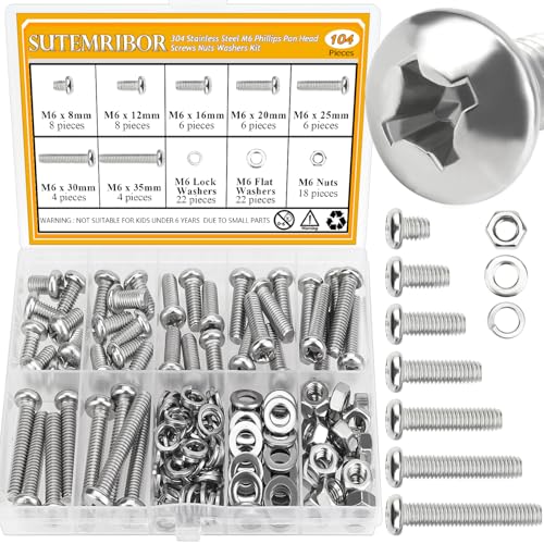 104 Pieces M6 Machine Screws Nuts Washers Set, Sutemribor M6 x 8/12/16/20/25/30/35mm Phillips Pan Head Machine Screws Nuts Washers Assortment Kit, 304 Stainless Steel, Fully Threaded - size: M6, style: Phillips Pan Head