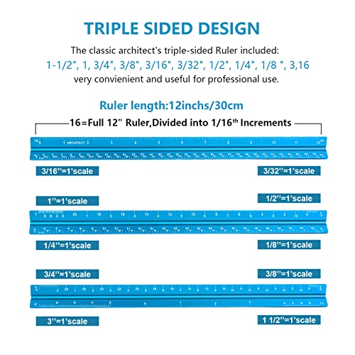 Architectural Scale Ruler, Imperial Measurements 12'' - color: Blue-A