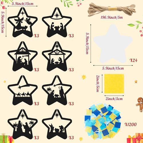 CJiangpo 24 Sets Christmas Nativity Suncatcher Paper Craft Kits, DIY Stained Glass Effect Window Ornament Rainbow Tissue Paper Art Craft for Kid Classroom Activities Christian Religious Party Decor - style: Christmas