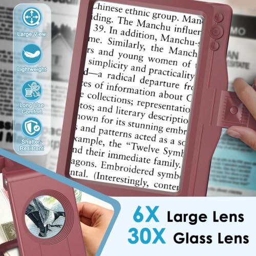 30X 6X Rechargeable Magnifying Glass for Reading, Large Full Page Magnifier with Folding Stand, 3 Color Light Modes, Dimmable LED Lighted, Hands Free Book Magnifier for Low Vision Seniors, Red - color: Red