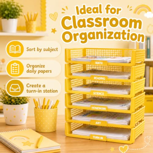 6 Pcs Yellow Turn in Trays Classroom, Stackable Paper Bins for Classroom, 13x9x2.8 inch Plastic Baskets Desktop Organization System Office (Yellow) - color: Yellow