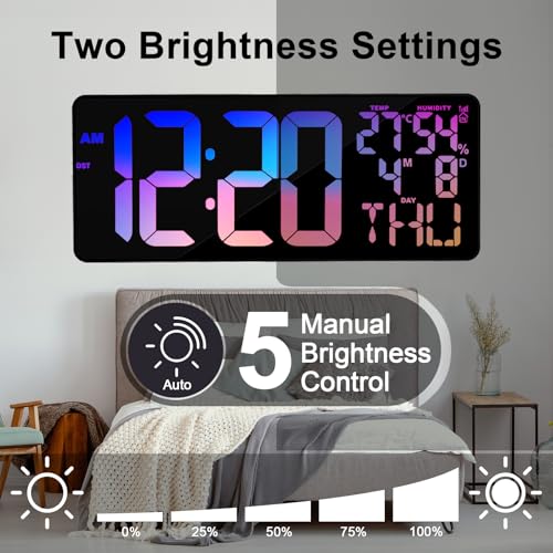 11 RGB Color Changes Large Digital Wall Clock/Bluetooth Auto Time Sync, Remote-Controlled Digital Wall Clock Large Display with Alarm/Timer Function, DST, Indoor Temperature/Humidity Display (18 inch) - color: Rgb Color Change