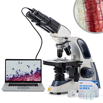 SWIFT SW380B 40X-2500X Magnification, Research-Grade Binocular Compound Lab Microscope, Mechanical Stage, with 5.0 mp Camera and Software Windows/Mac Compatible and 100pcs Blank Slides - style: SW380B+5.0 camera+sildes