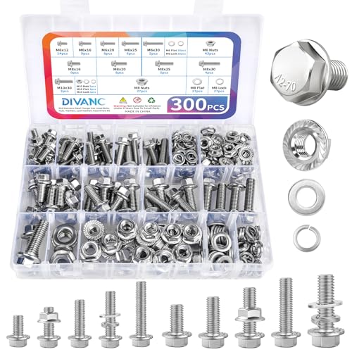 300Pcs Metric Flange Bolts Assortment, M6 M8 M10 Flange Hex Bolts and Nuts Washers Kit, 304 Stainless Steel Serrated Flange Nuts and Bolts, M6x1.0, M8x1.25, M10x1.5 (12mm to 30mm)(Silver) - color: Silver