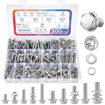 300Pcs Metric Flange Bolts Assortment, M6 M8 M10 Flange Hex Bolts and Nuts Washers Kit, 304 Stainless Steel Serrated Flange Nuts and Bolts, M6x1.0, M8x1.25, M10x1.5 (12mm to 30mm)(Silver) - color: Silver