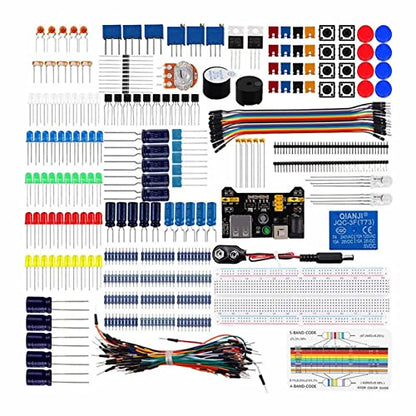 Electronics Component Kit Assortment, Starter Fun Kit with 830 Tie Points Breadboard, Resistor, Capacitor, Diode, e for R3 Development Board, Complete Access for