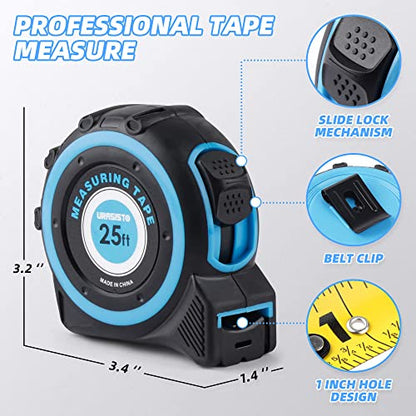 URASISTO Tape Measure 25FT with Fractions 1/8, Retractable Measuring Tape, Easy to Read, Rubber Protective Casing and Shock Absorbent Case for Carpenter, Surveyors, Engineers and Electricians