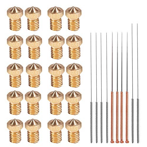 3D Printer M6 Nozzles with Cleaning Needles Kit, V6 V5 Brass Exruder Nozzle Print Head 1.75mm Filament for E3D Makerbot, Assorted Sizes 8pcs 0.4mm Nozzles + 2pcs (0.2 0.3 0.5 0.6 0.8 1.0mm) Nozzles - color: M6 Nozzles with Needles
