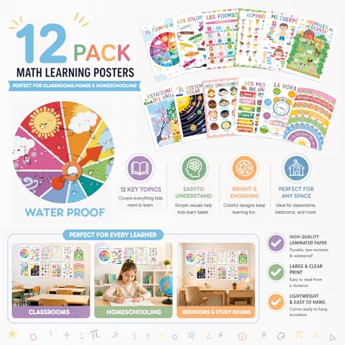 Spanish Educational Classroom Posters Set for Toddlers, 12 PCS - color: Spanish