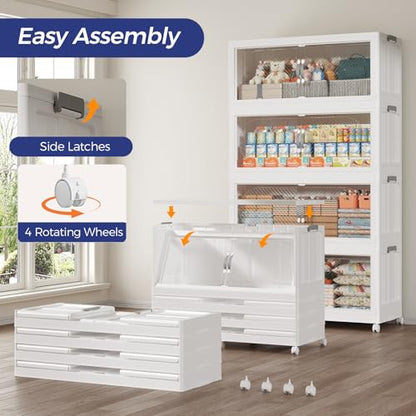 180QT Extra Large Stackable Storage Bins with Lid, 45Gal Plastic Closet Organizers and Storage Drawer, Collapsible Cabinet Box with Wheels Clear Doors for Home Kitchen Office, 3Pack White - size: 60QT